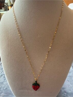 Gold Necklace with Red Strawberry Pendant